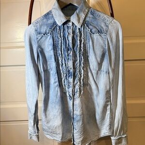 Ryan Michael Denim Ruffle Shirt Western Boho Tencel Button Down S